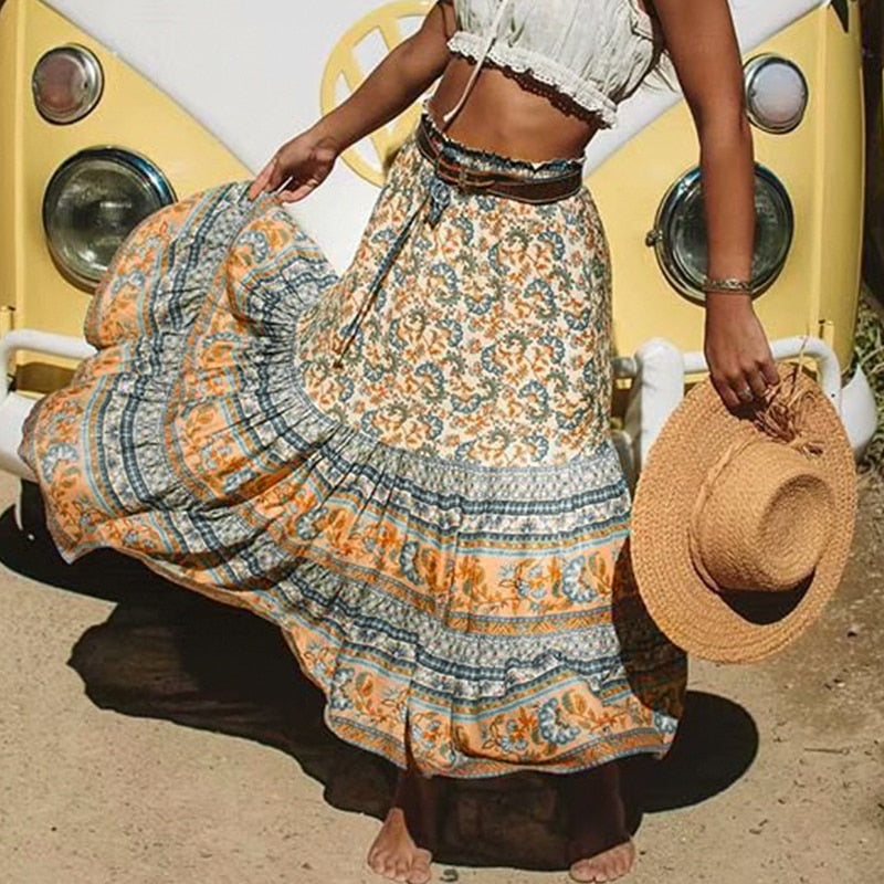Women's Summer Casual Long Ruffled Skirt With Print