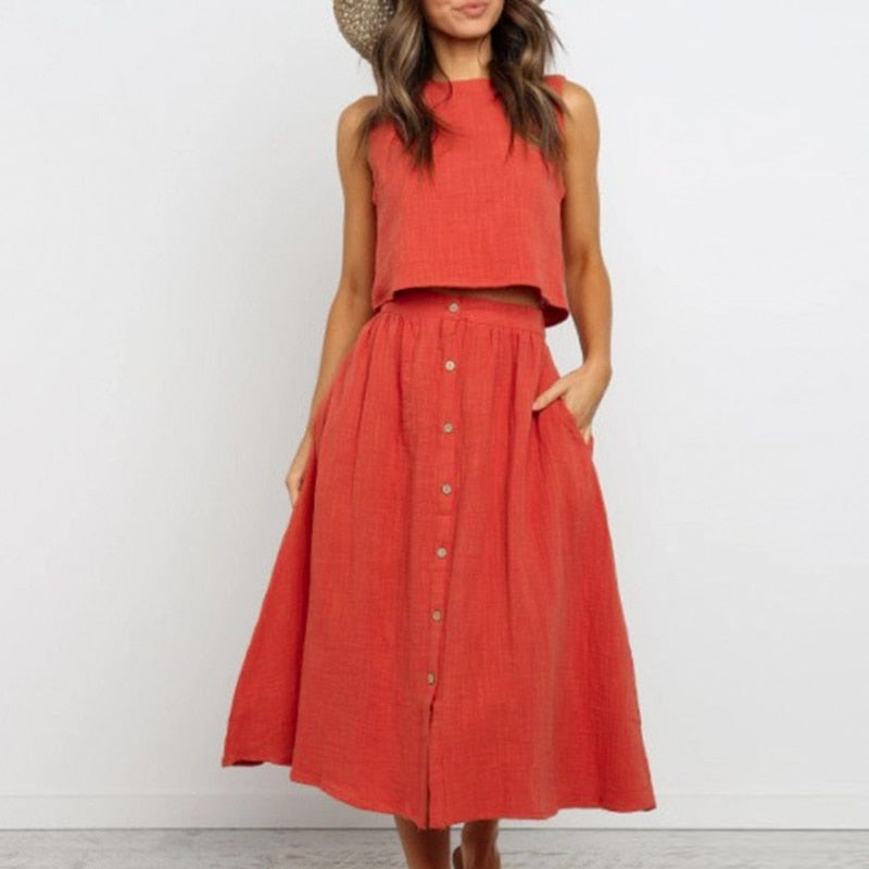Women's Summer Casual Sleeveless Midi Two-Piece Dress
