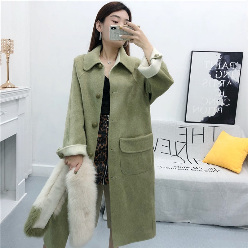 Women's Winter Cashmere Coat Trench With Fox Fur