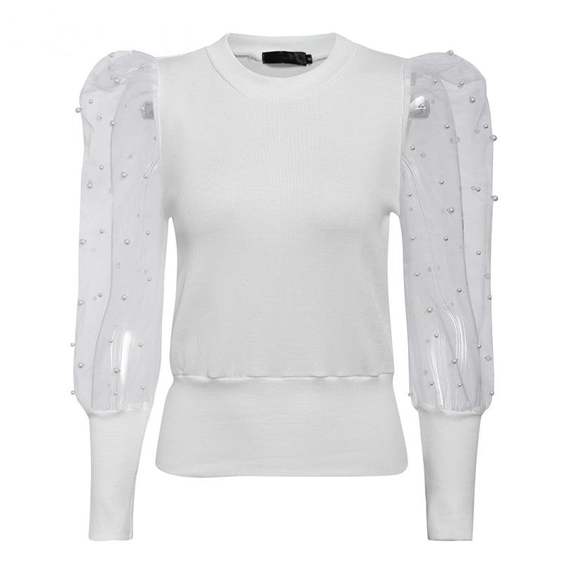 Women's Summer Casual Mesh Puff-Sleeved Beaded Blouse