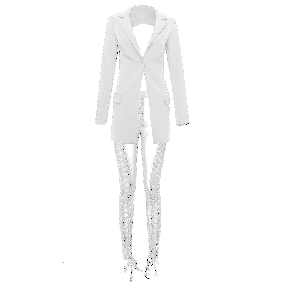 Women's Summer Two-Piece V-Neck Polyester Suit With Ribbons