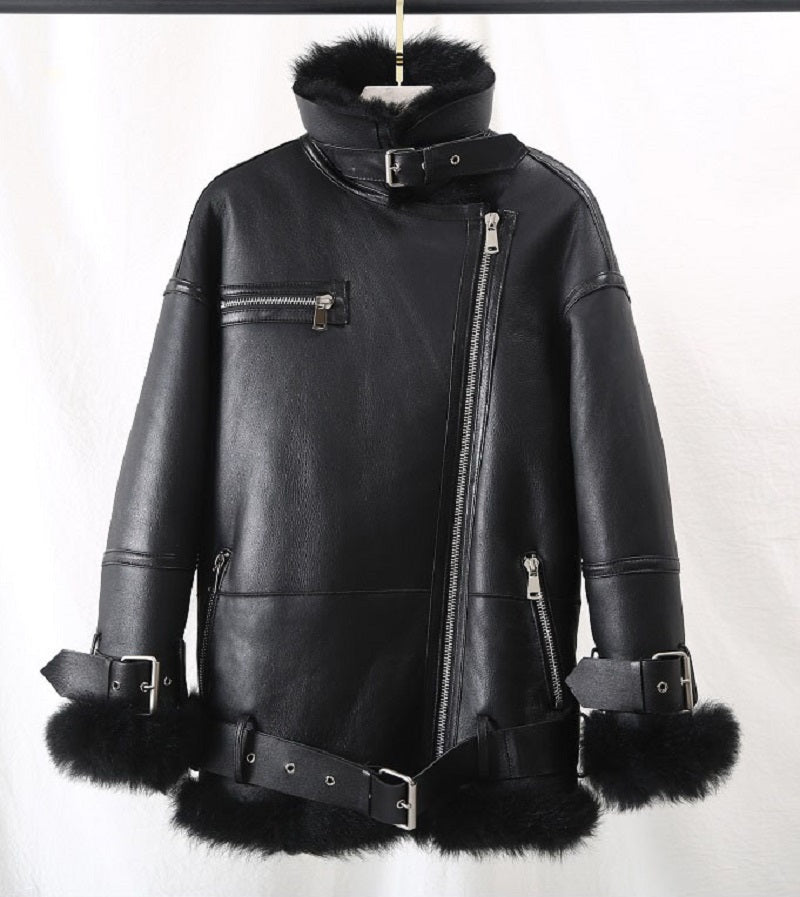 Women's Winter Casual Warm Short Leather Coat With Wool