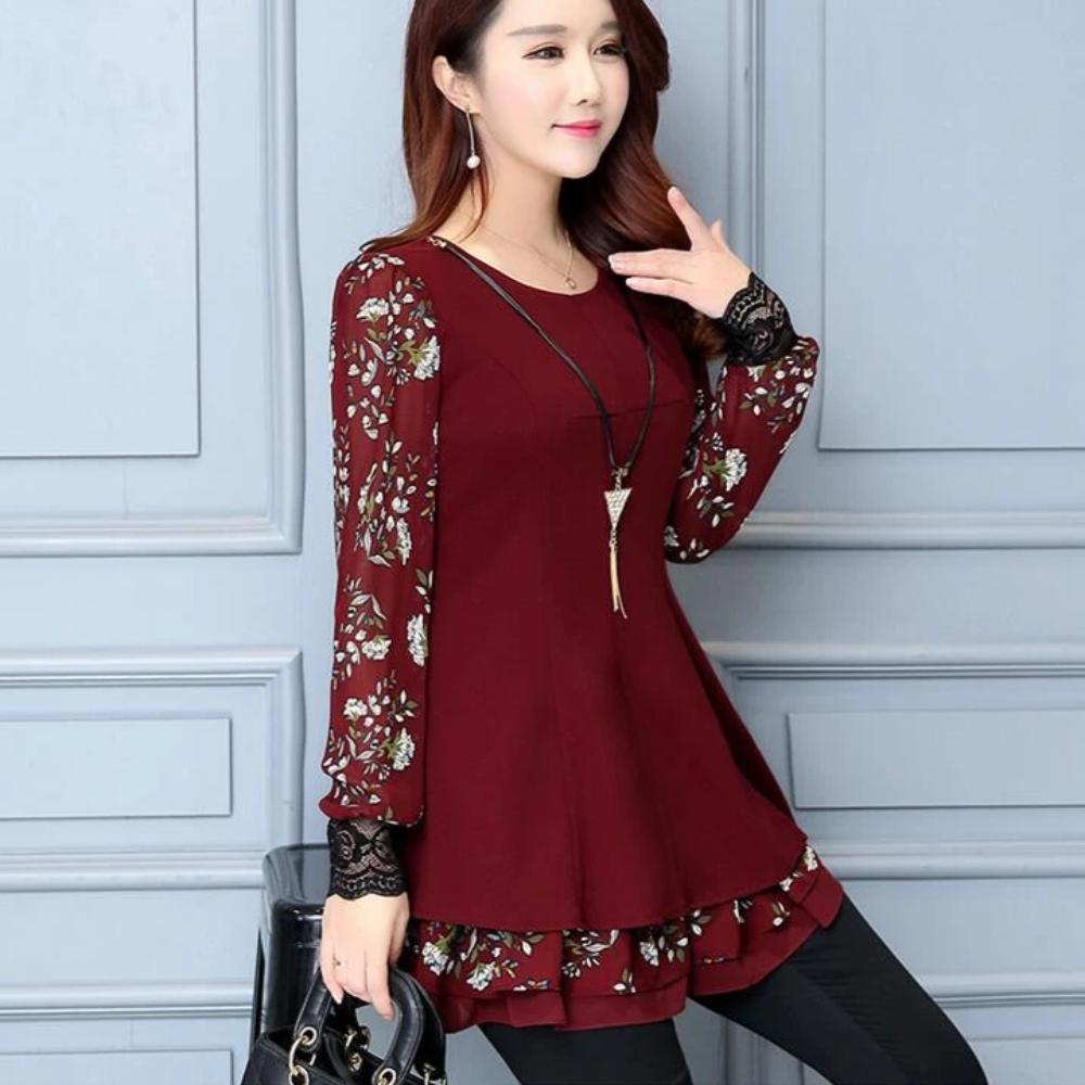 Women's Spring/Autumn Casual Patchwork O-Neck Ruffled Blouse