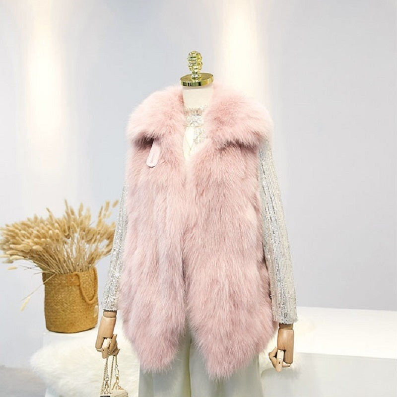 Women's Winter Casual V-Neck Slim Medium Vest With Fox Fur