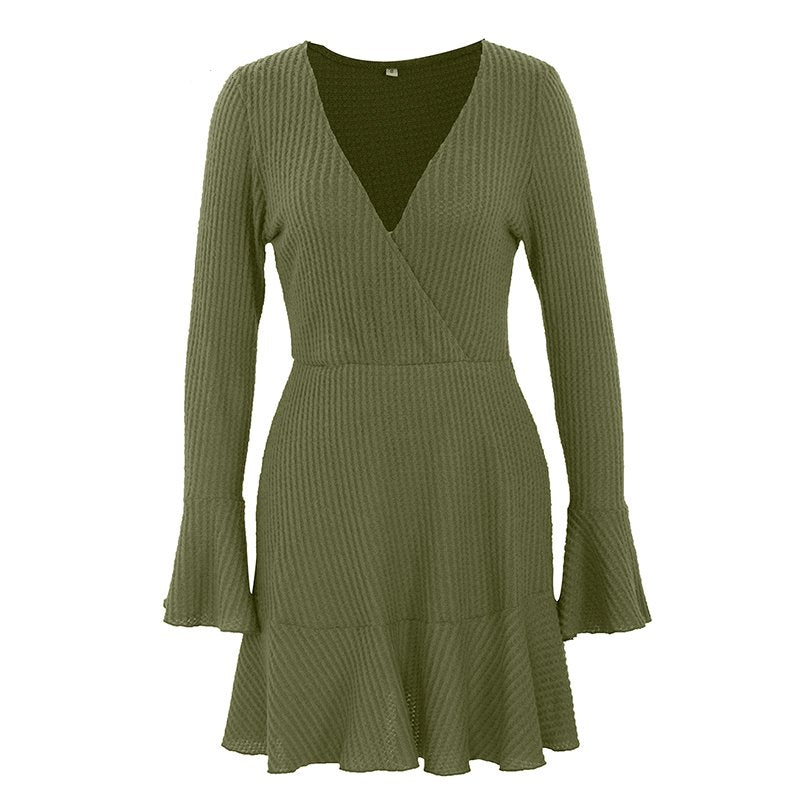 Women's Spring/Autumn V-Neck Ruffled A-Line Knitted Dress