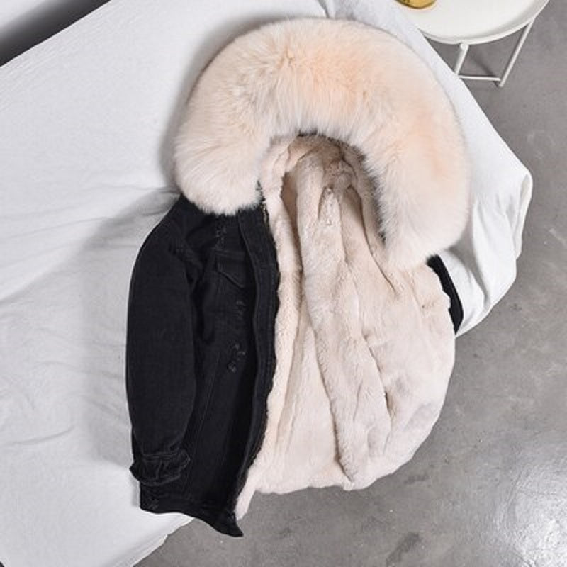 Women's Winter Casual Denim Slim Long Parka With Rabbit Fur