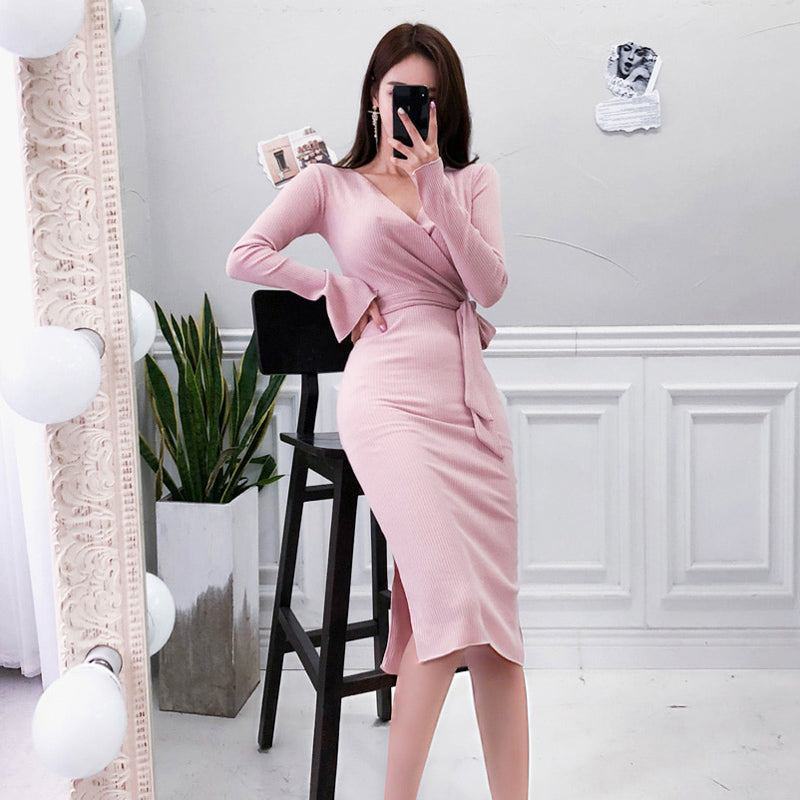 Women's Spring/Autumn Casual Sheath Polyester V-Neck Sweater Dress