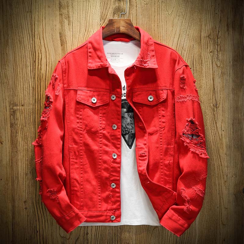 Men's Autumn Denim Jacket With Ripped Holes