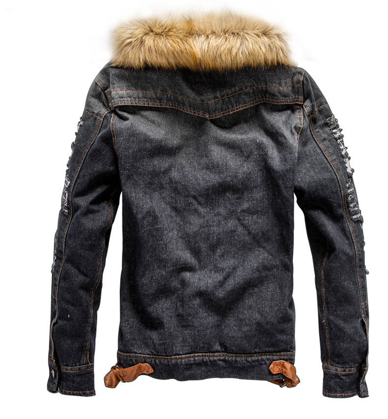 Men's Winter Casual Regular Denim Coat With Raccoon Fur