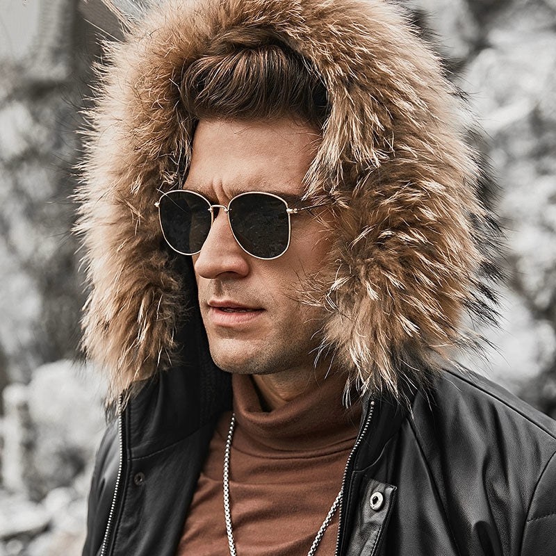 Men's Winter Genuine Leather Jacket With Fur Hood