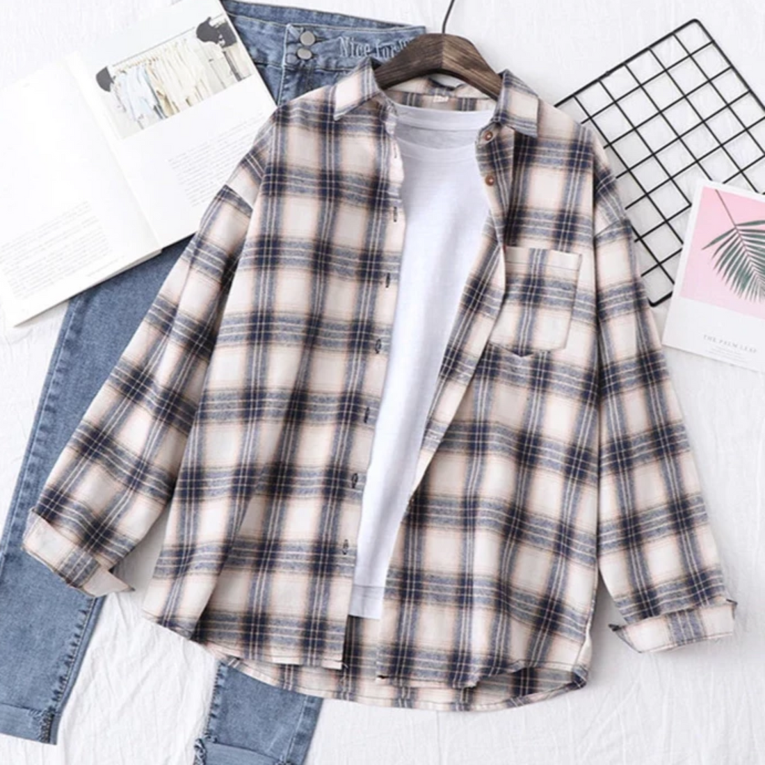 Women's Spring Casual Spandex Loose Plaid Shirt With Pockets