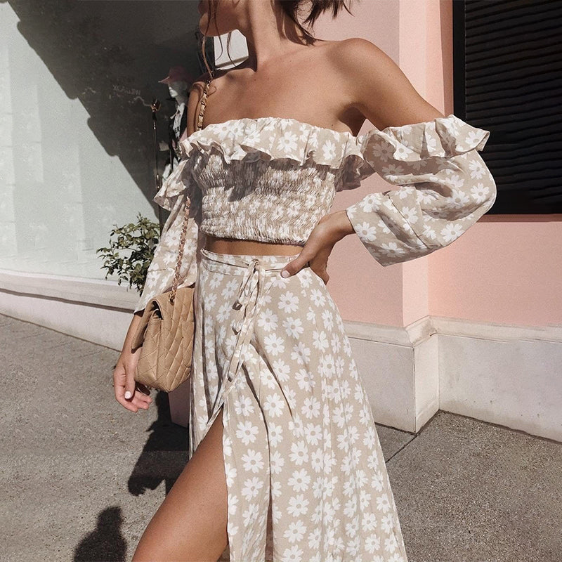 Women's Summer Off-Shoulder Two-Piece Long Dress With Print