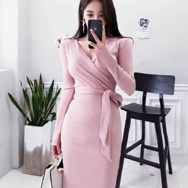 Women's Spring/Autumn Casual Sheath Polyester V-Neck Sweater Dress