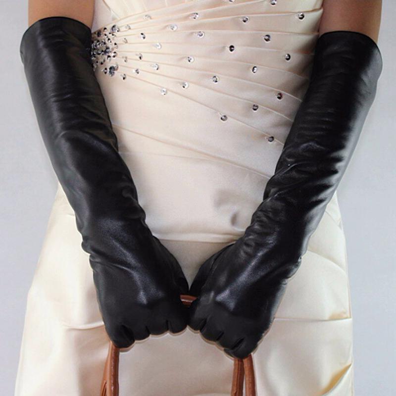 Women's Winter Leather Black Long Gloves