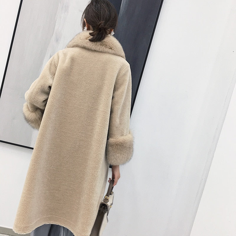 Women's Winter Casual Cashmere Long Trench With Fox Fur