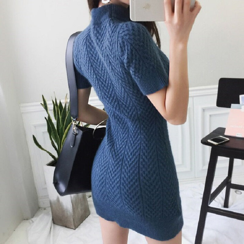 Women's Spring Casual Sheath Short-Sleeved Sweater Mini Dress