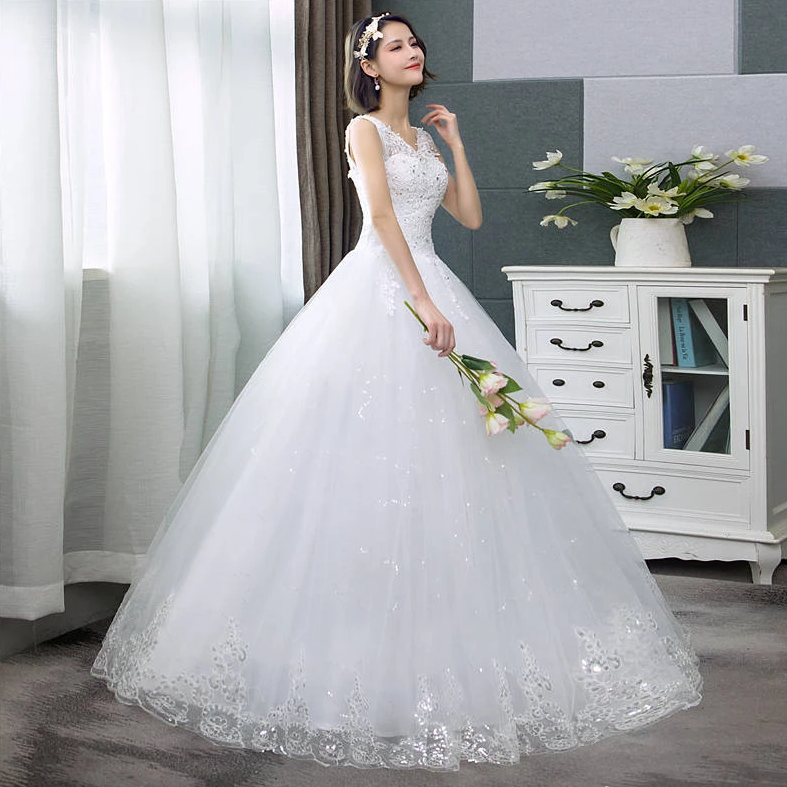 Women's Long V-Neck Lace-Up Wedding Dress With Sequin