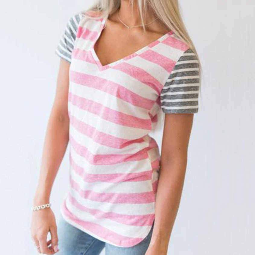 Women's Casual Striped V-Neck Short-Sleeved T-Shirt