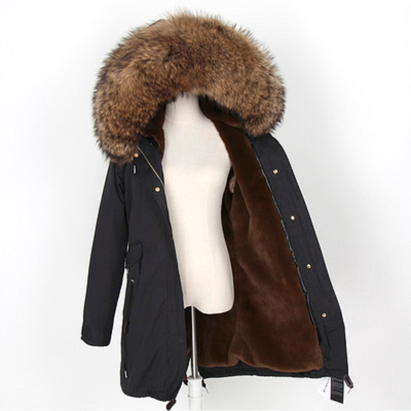 Women's Winter Casual Long Slim Coat With Raccoon Fur