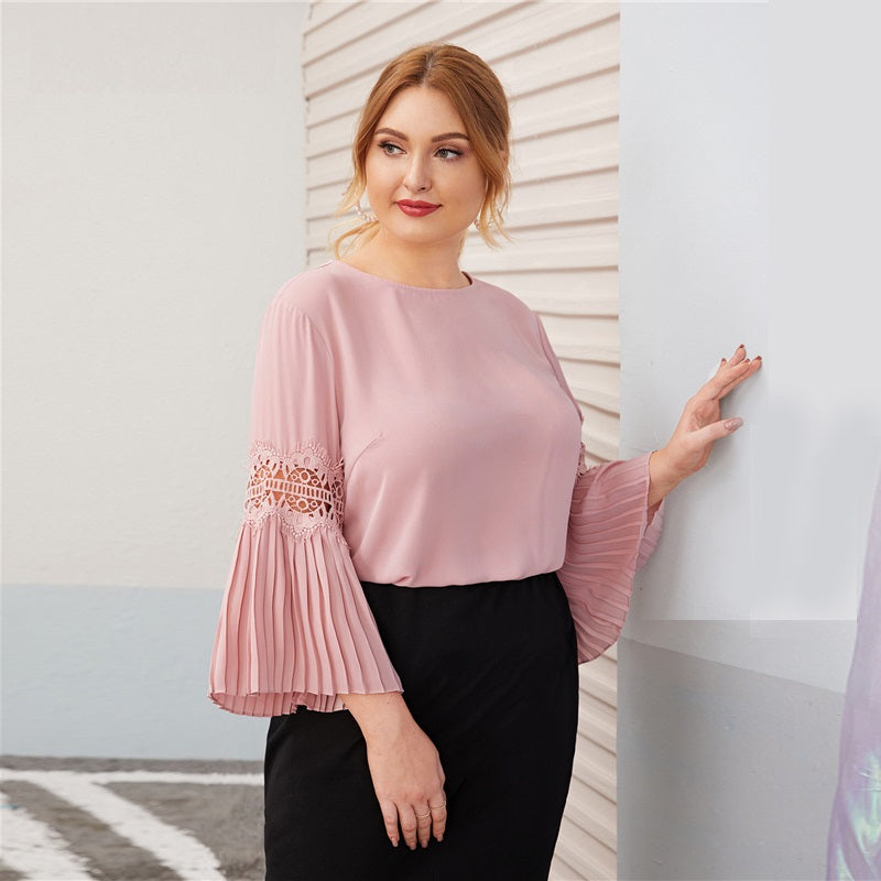 Women's Summer Polyester O-Neck Blouse With Lace | Plus Size