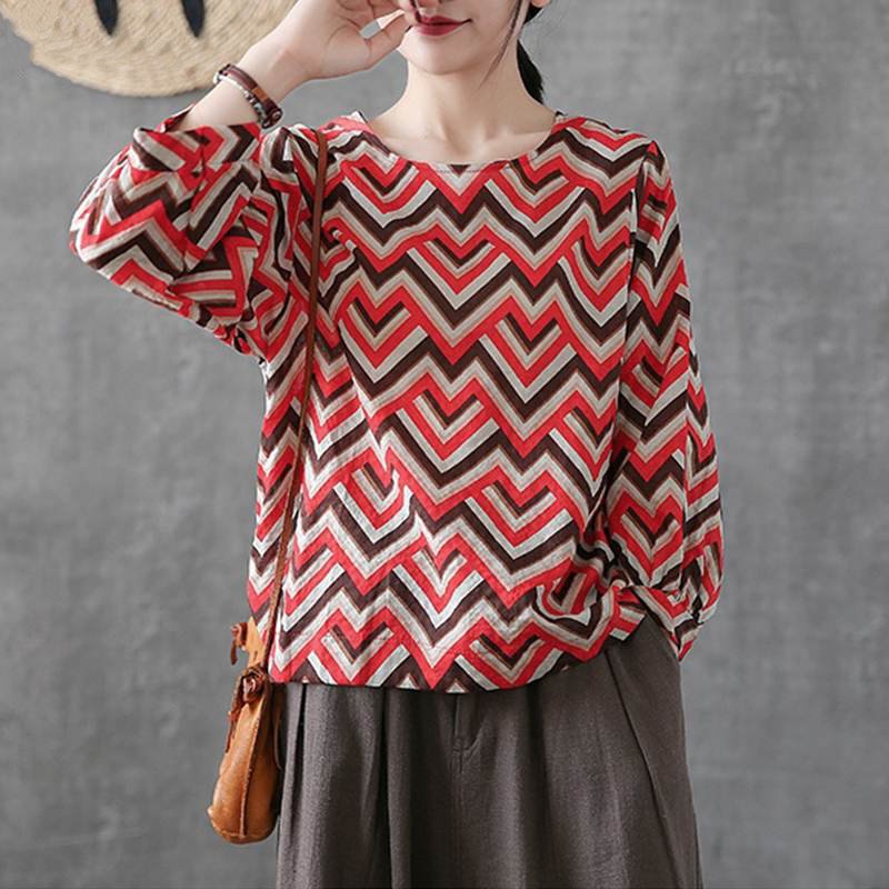 Women's Summer Casual Cotton O-Neck Blouse With Print