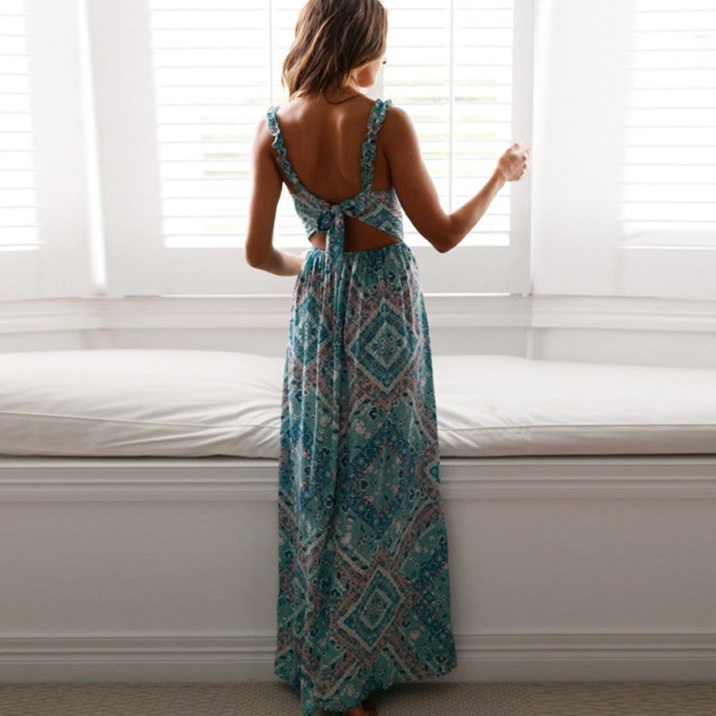 Women's Summer Asymmetrical V-Neck Maxi Dress With Print
