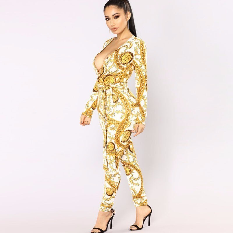 Women's Autumn Polyester V-Neck High-Waist Jumpsuit With Print
