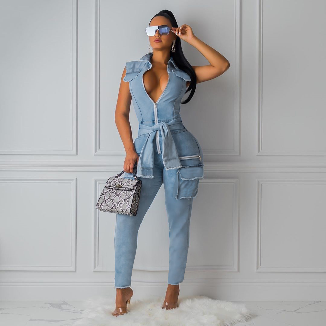 Women's Summer Denim Skinny Jumpsuit With Buttons