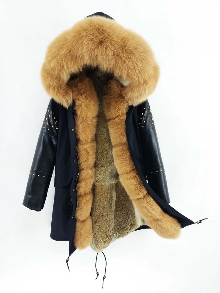 Women's Winter Casual Slim Genuine Leather Parka With Fox Fur