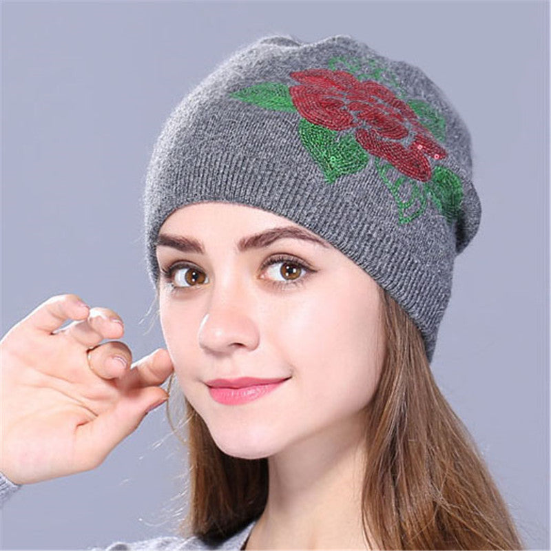 Women's Winter Cashmere Hat With Embroidered Flower