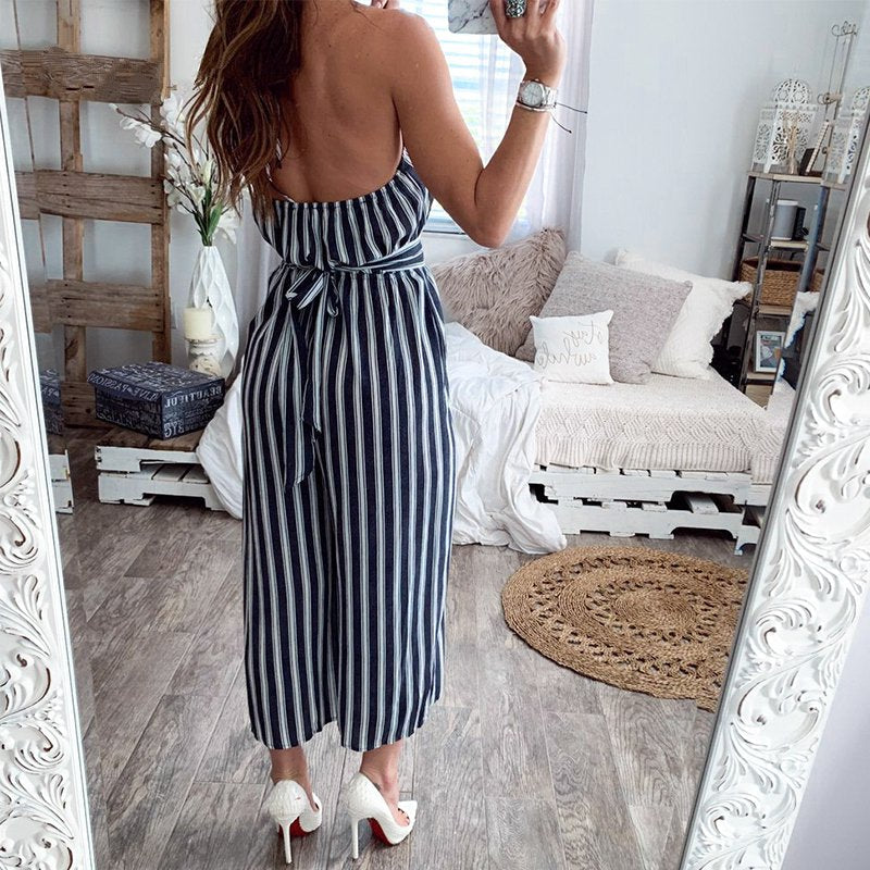 Women's Summer Casual High-Waist Polyester Lace-Up Jumpsuit