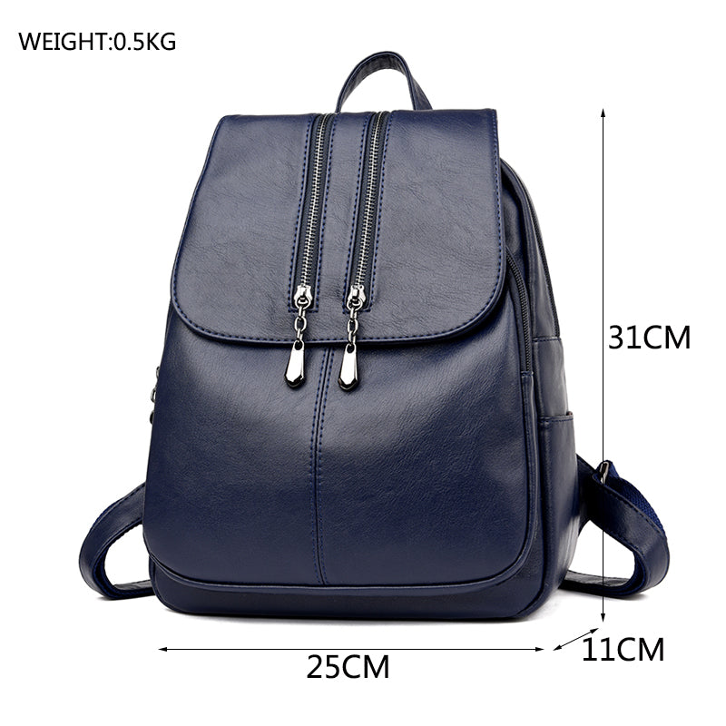 Women's Casual Leather Backpack With Double Zipper