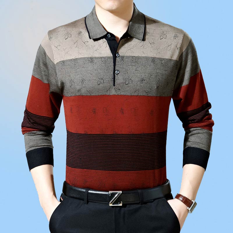 Men's Casual Long Sleeved Striped Polo