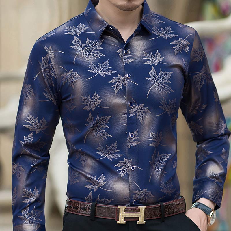 Men's Long Sleeved Shirt With Leaves Print