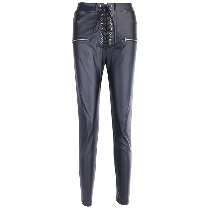 Women's Autumn Casual Skinny Faux Leather Pants With High Waist