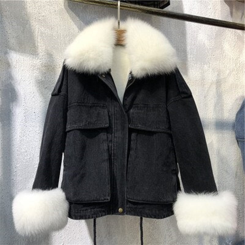 Women's Winter Casual Loose Denim Parka With Fox Fur