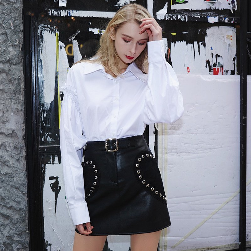 Women's Spring PU Leather Patchwork High-Waist Skirt With Belt