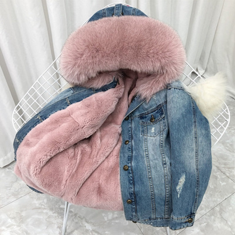Women's Winter Casual Warm Denim Coat With Rabbit Fur