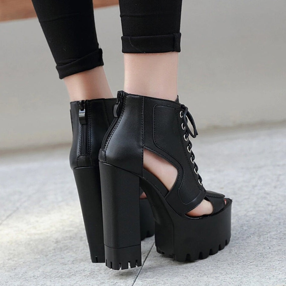 Women's Spring/Summer Open Toe Ankle Boots With Square Heels