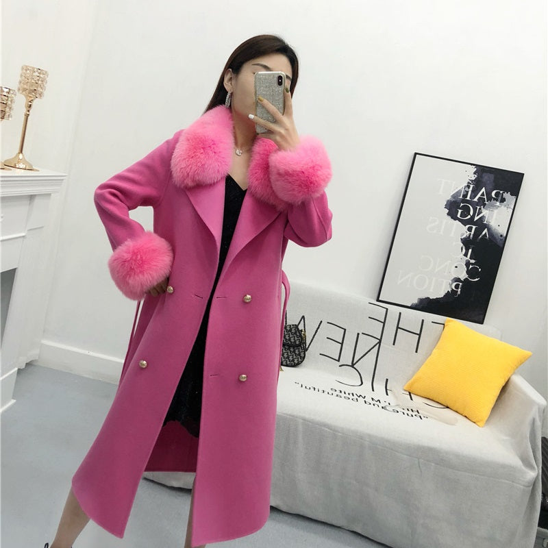 Women's Winter Long Cashmere Warm Trench With Fox Fur