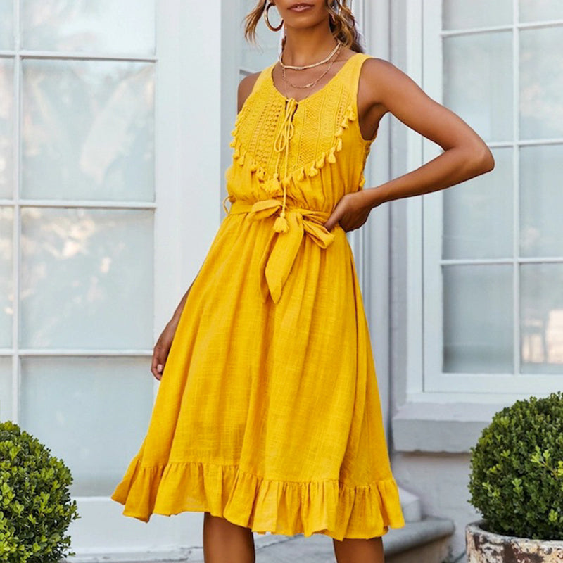 Women's Summer Ruffled A-Line Dress With Tassels