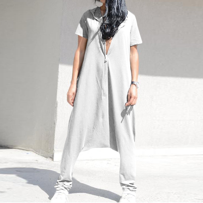 Women's Summer Casual Polyester Loose Jumpsuit With Zipper