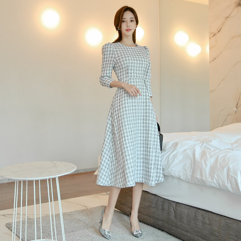 Women's Spring/Autumn Casual O-Neck Puff-Sleeved A-Line Dress