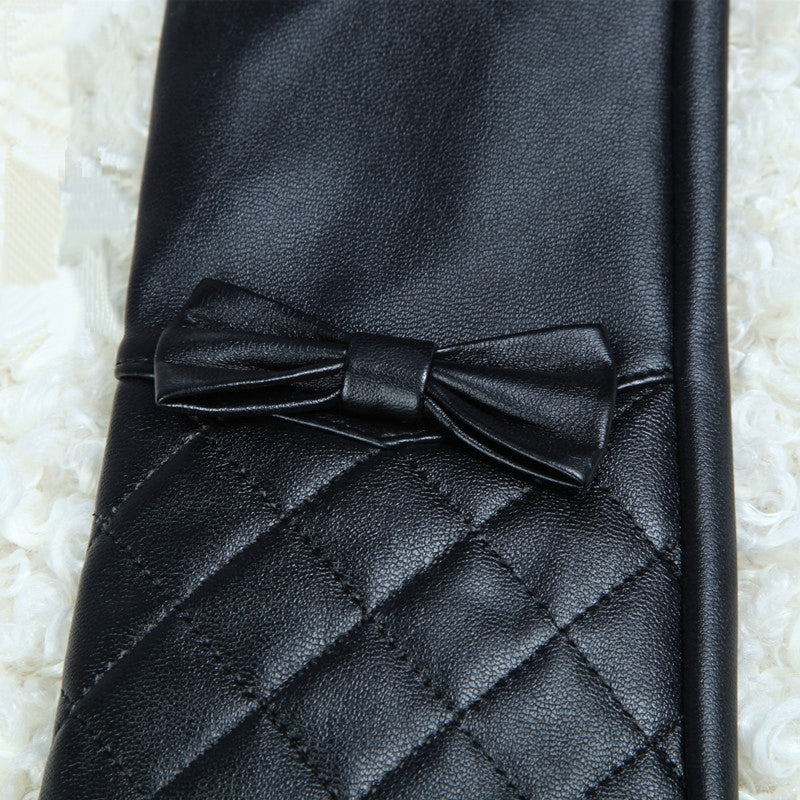 Women's Winter Leather Long Gloves With Bow