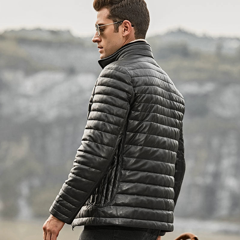 Men's Winter Genuine Leather Down Jacket With Removable Fur Collar