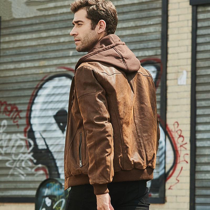 Men's Genuine Leather Jacket With Removable Hood