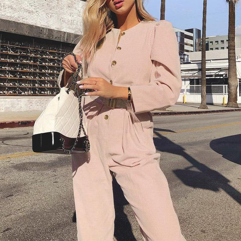 Women's Spring Cotton Long-Sleeved Jumpsuit With Buttons