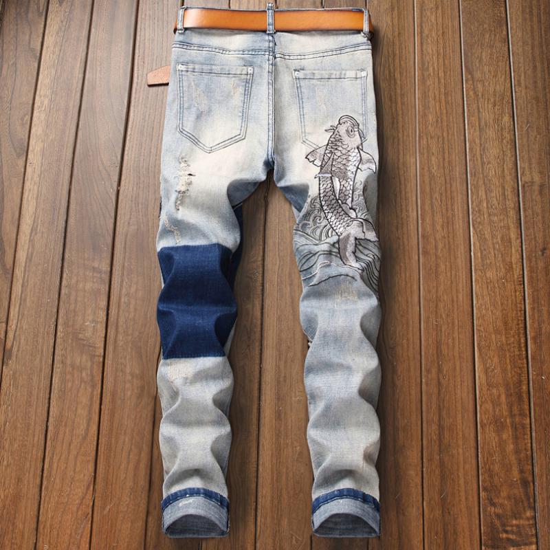 Men's Embroidered Elastic Straight Jeans