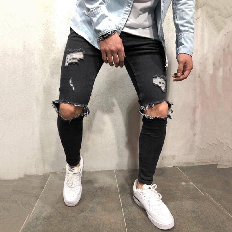 Men's Solid Colored Ripped Jeans