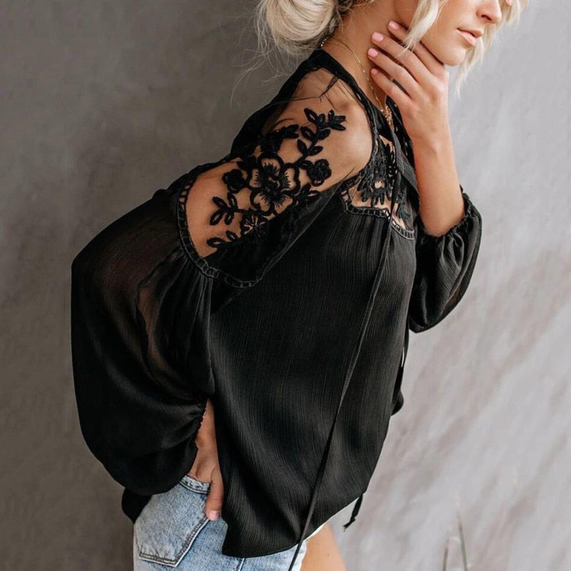 Women's Casual Chiffon Blouse With Embroidery